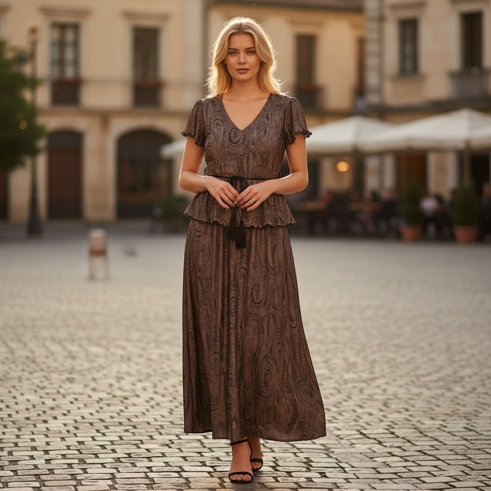 Y2K NWT Midi Dress Womens 14 Camel Swirl Peplum Tassel Belt Connected Apparel